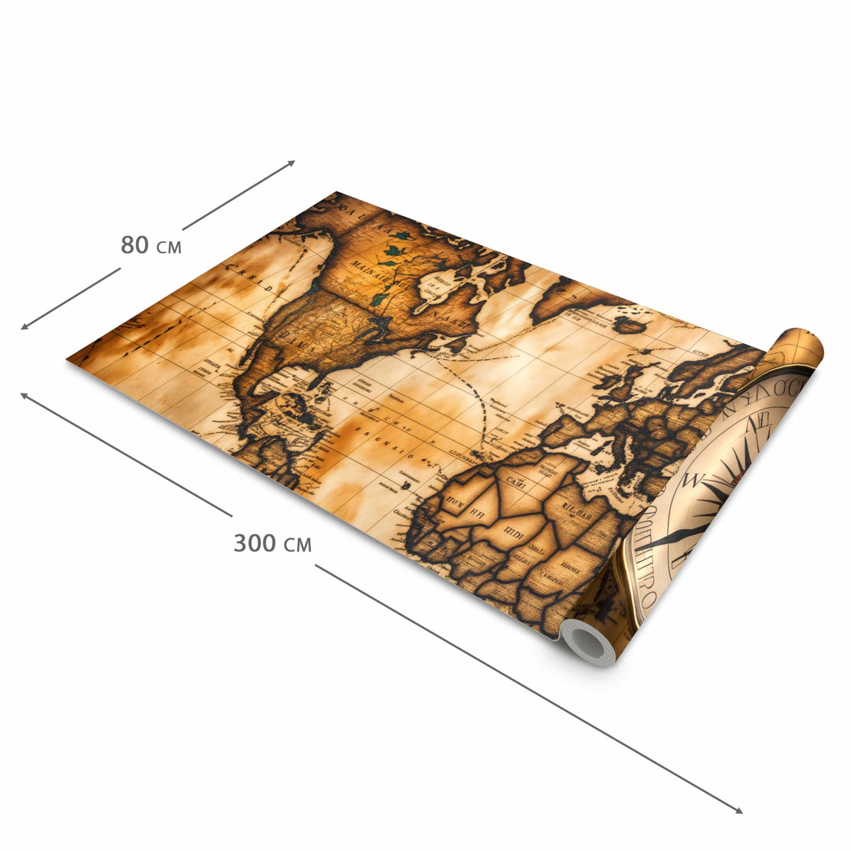 Geräuschdämpfender waschbarer Küchenteppich mit Motiv Vintage Weltkarte Kompass in der Größe 80x200 cm