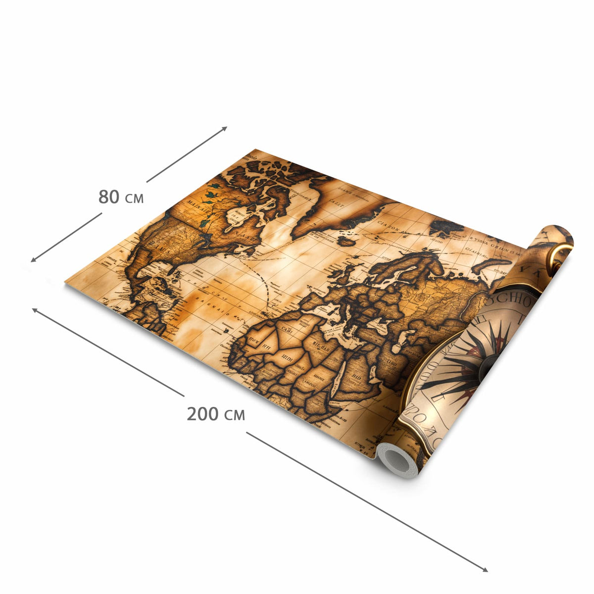 Formstabiler rutschfester Küchenteppich mit Motiv Vintage Weltkarte Kompass in der Grösse 80x200 cm