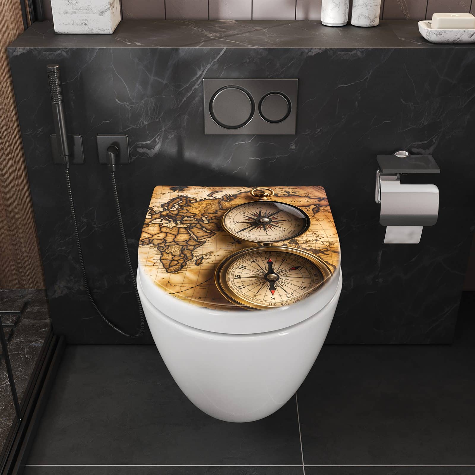 WC-Sitz mit Absenkautomatik Vintage Weltkarte Kompass