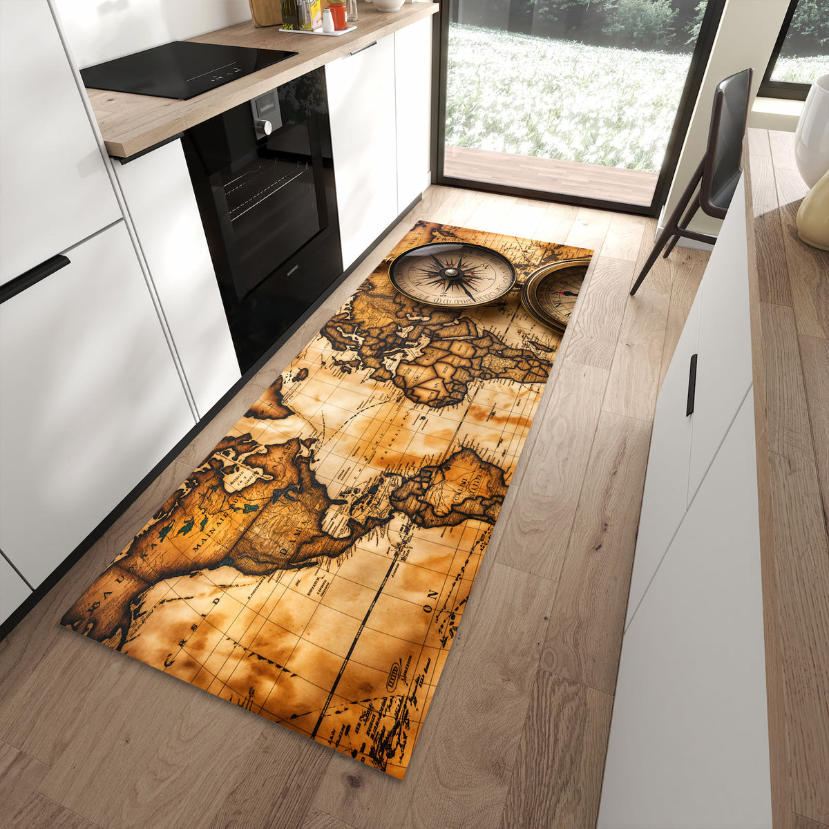 Komfortabler waschbarer Küchenteppich mit Motiv Vintage Weltkarte Kompass in moderner Küche