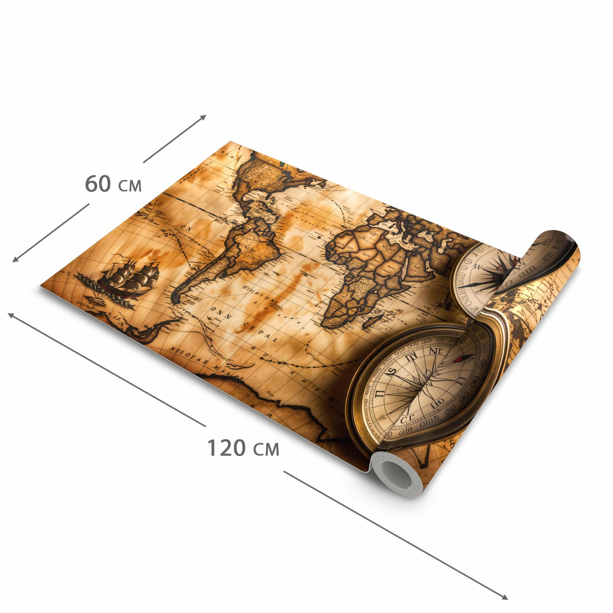 Langlebiger waschbarer Teppich mit Motiv Vintage Weltkarte Kompass in der Grösse 60x90 cm