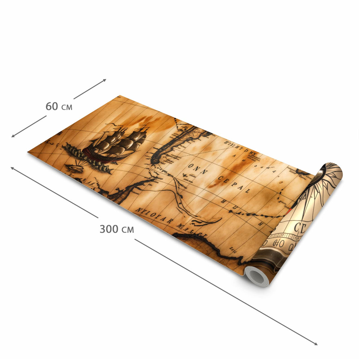 Bodenschonender waschbarer Küchenteppich mit Motiv Vintage Weltkarte Kompass in der Grösse 80x200 cm