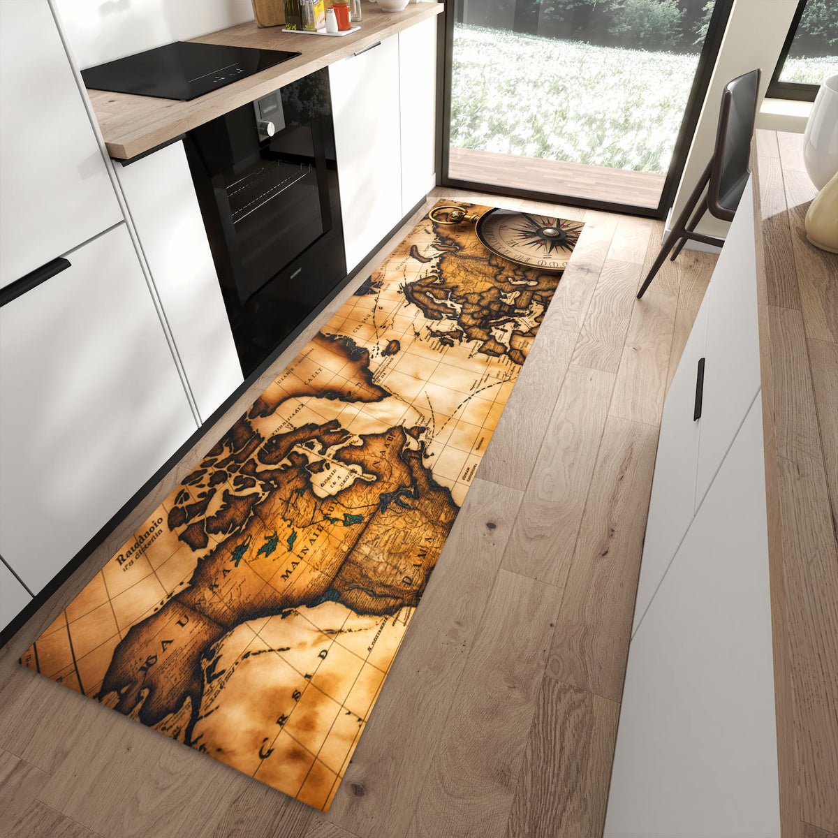 Langlebiger Küchenteppich mit Motiv Vintage Weltkarte Kompass in moderner Küche