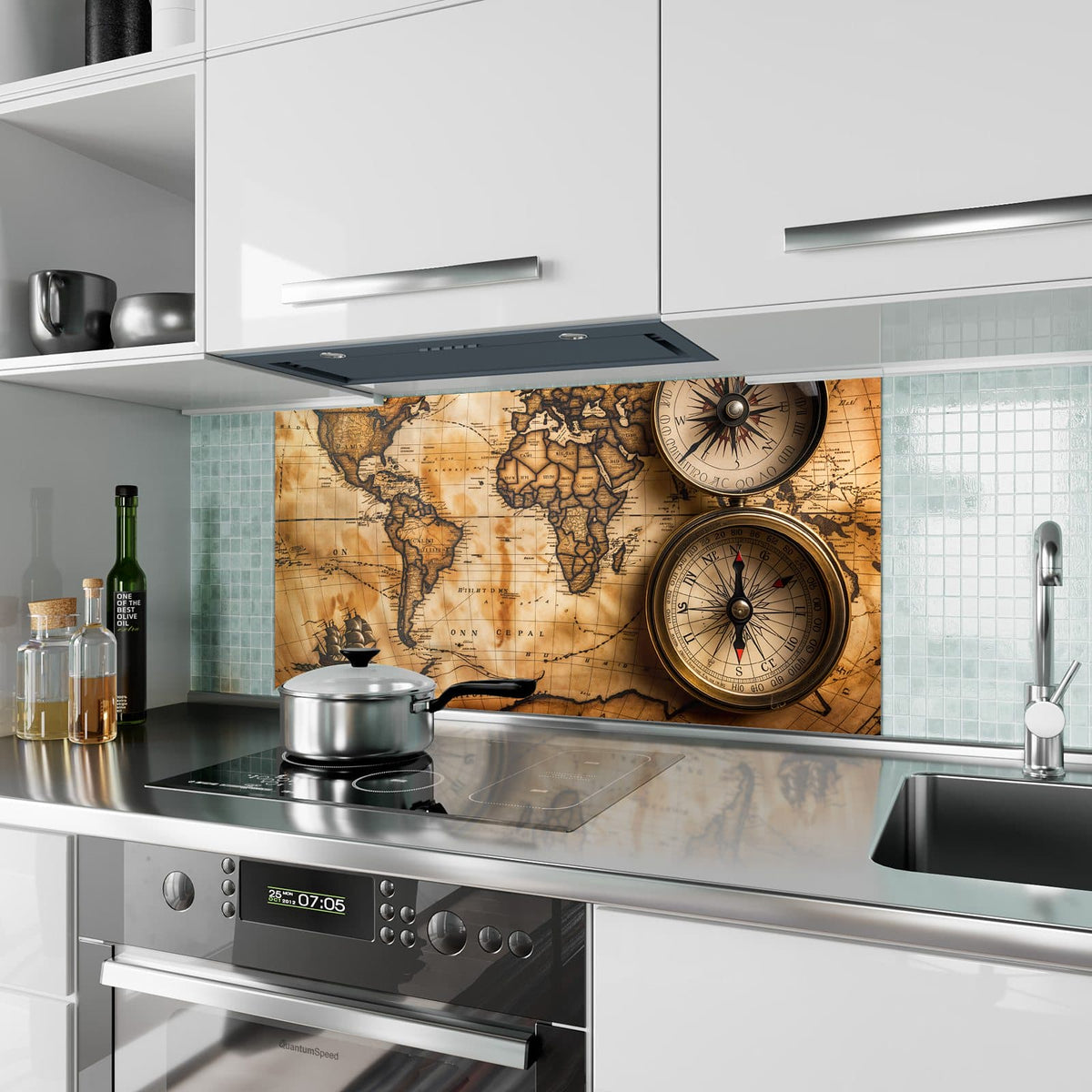 Küchenrückwand aus Glas Weltkarte mit Kompassen im Hochformat als Spritzschutz hinter dem Kochfeld, über dem Fliesenspiegel montiert