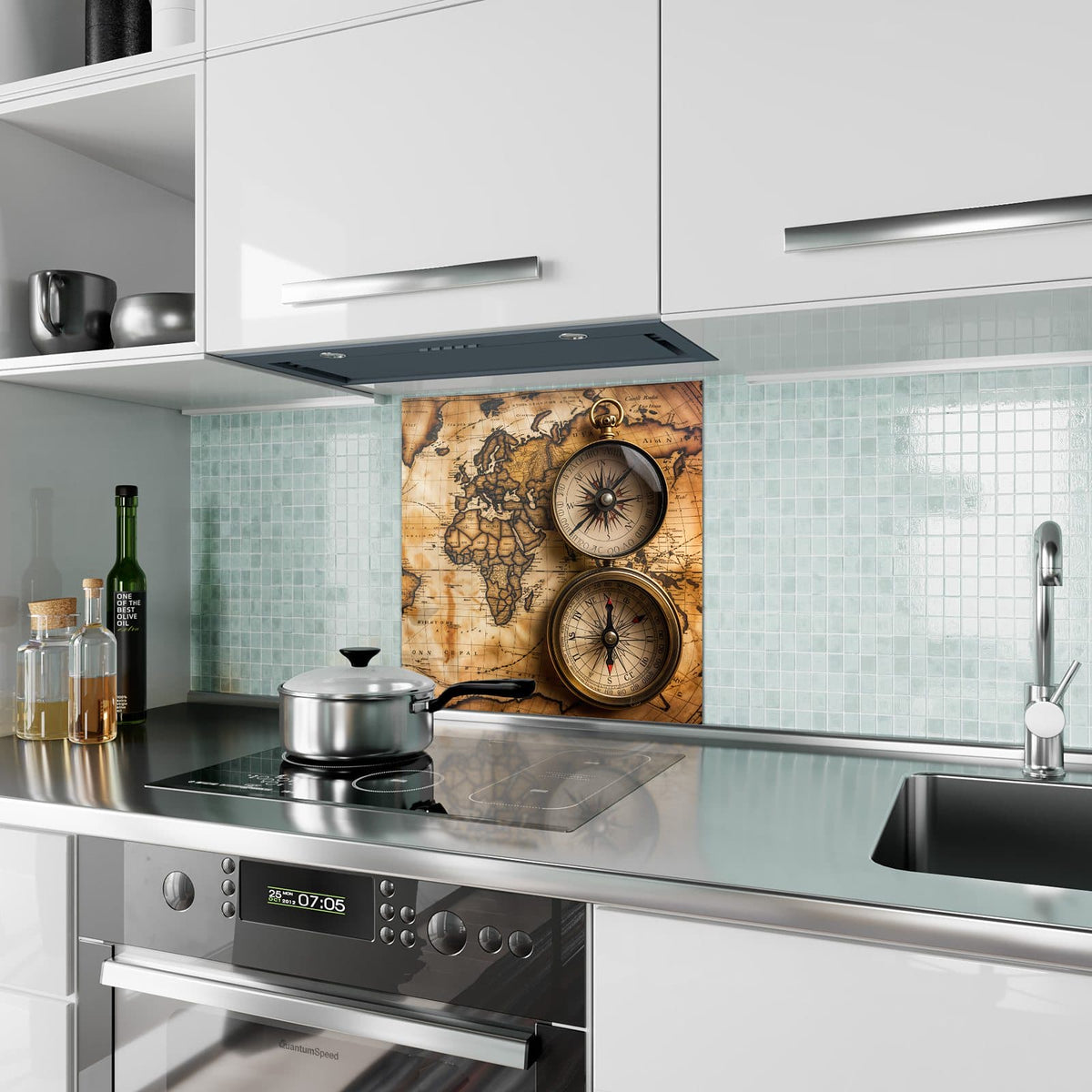 Küchenrückwand aus Glas Weltkarte mit Kompassen im quadratischen Format als Spritzschutz hinter dem Kochfeld, über dem Fliesenspiegel montiert
