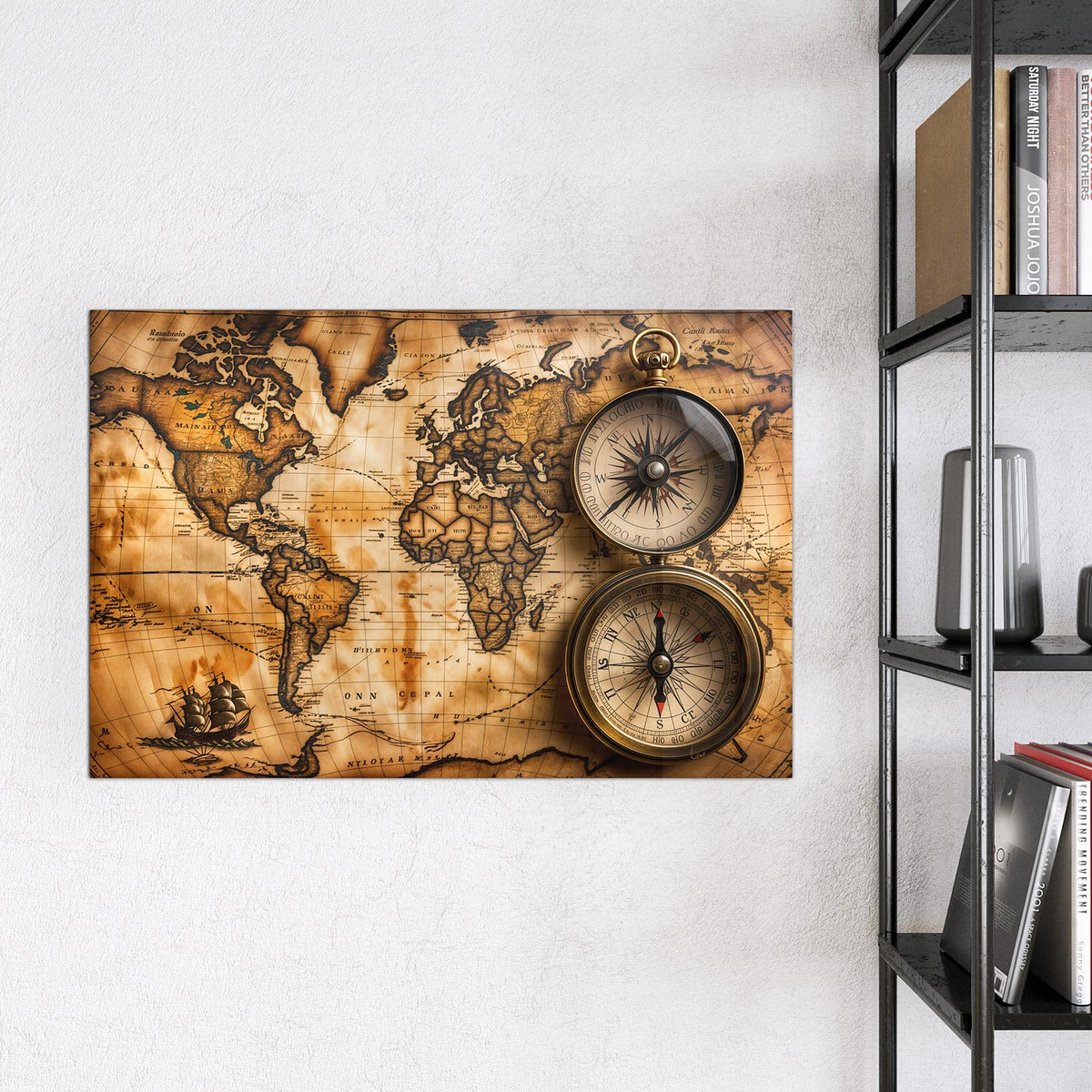 Magnettafel - Weltkarte mit Kompassen – Antike Weltkarte mit zwei Kompassen