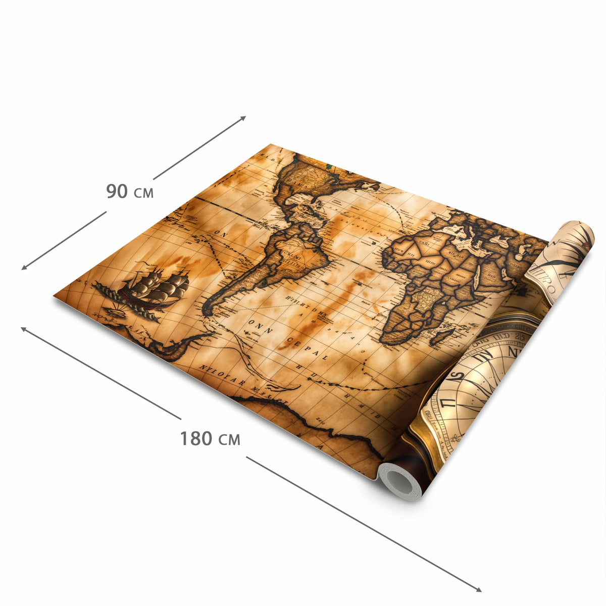 Abriebfester großer Küchenteppich mit Motiv Vintage Weltkarte Kompass in der Größe 80x200 cm