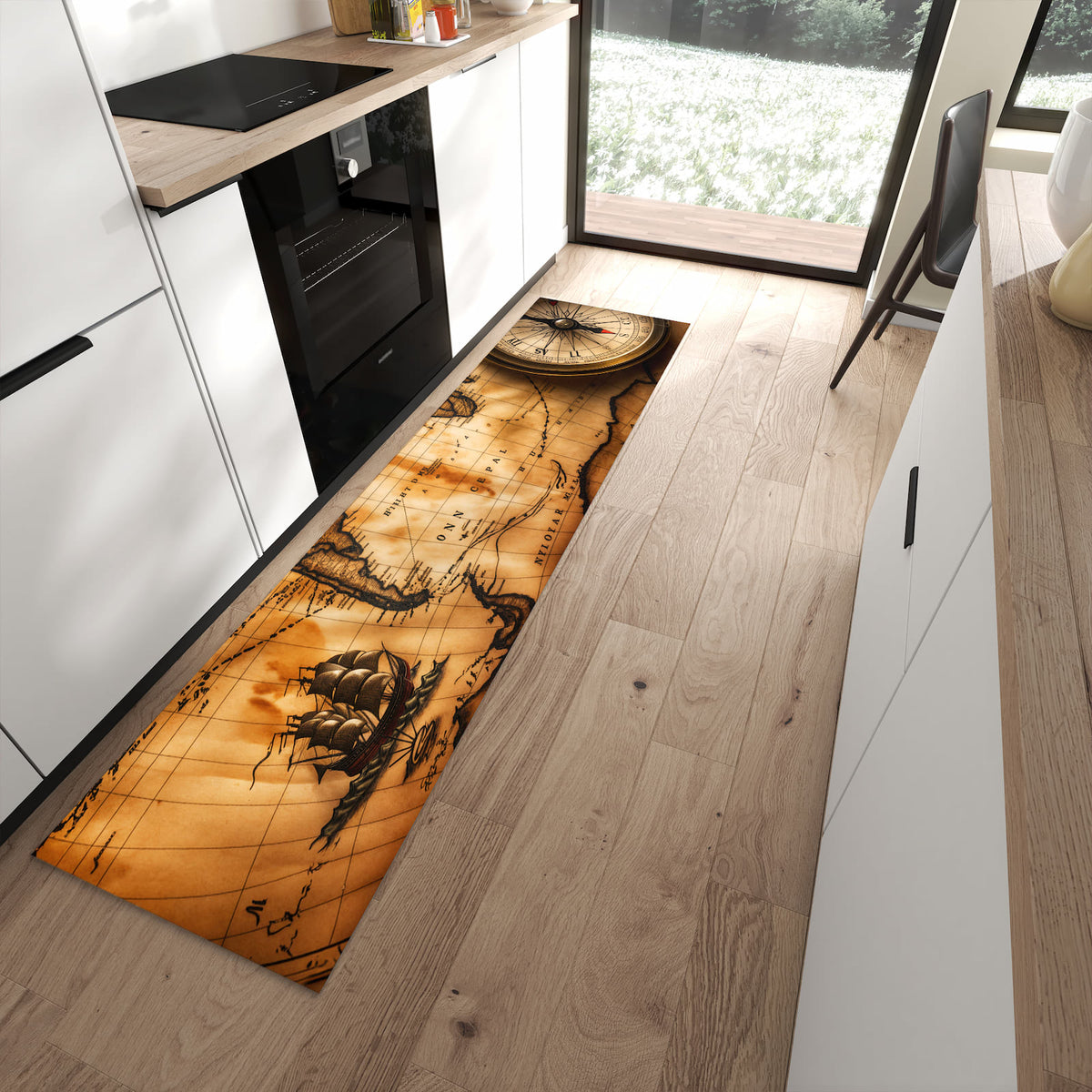 UV-beständiger waschbarer Teppich für Esstisch mit Motiv Vintage Weltkarte Kompass in moderner Küche