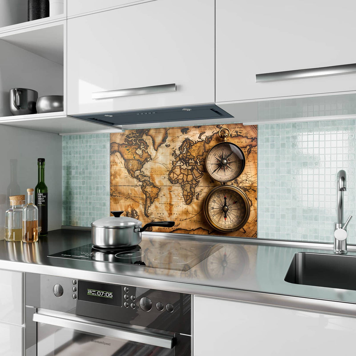 Küchenrückwand aus Glas Weltkarte mit Kompassen im Hochformat als Spritzschutz hinter dem Kochfeld, über dem Fliesenspiegel montiert