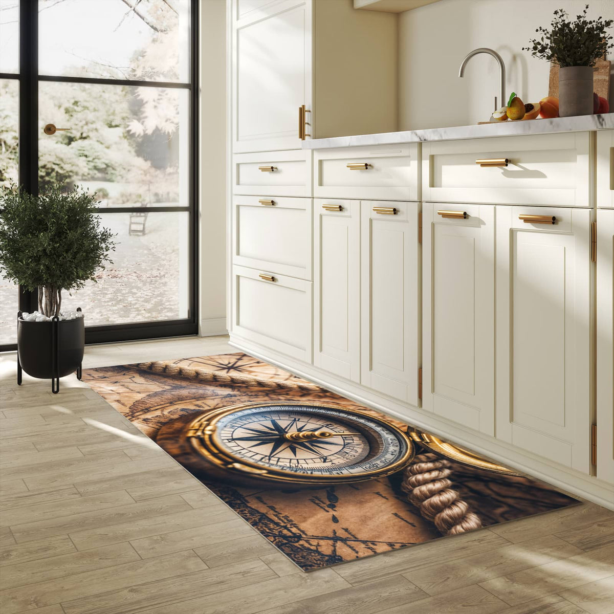 Rutschfester Bodenläufer-Teppich mit Motiv Kompass auf Karte in heller Küche