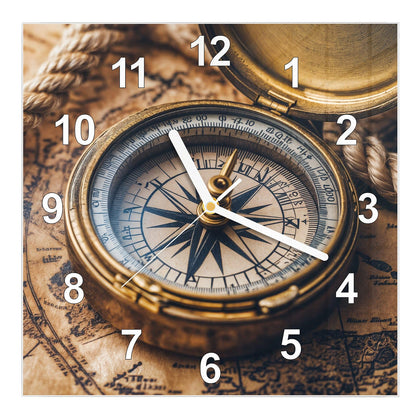 Wanduhr Quadratisch mit dem Motiv Kompass auf Karte