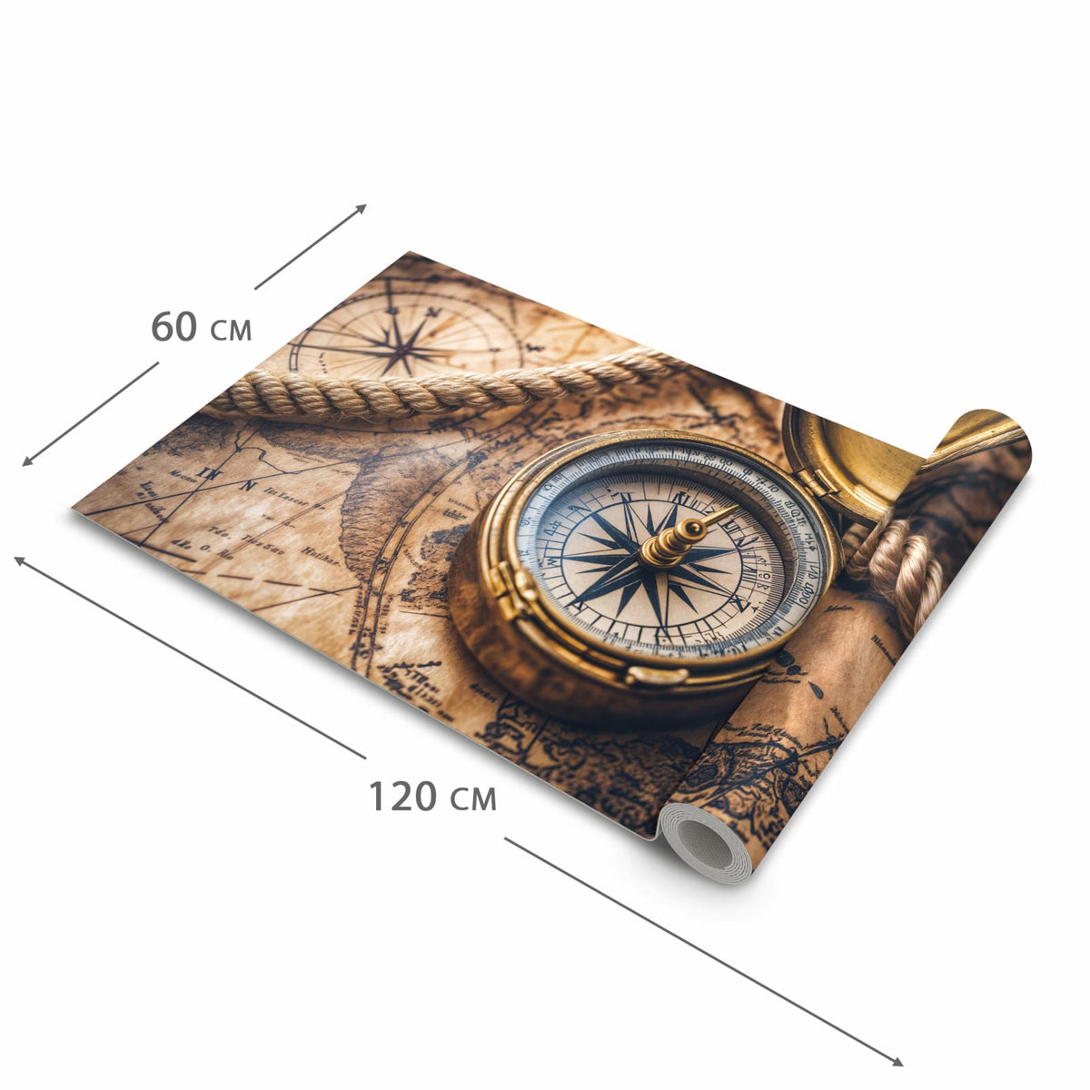 Fleckenresistenter waschbarer Teppich Küche mit Motiv Kompass auf Karte in der Grösse 60x90 cm