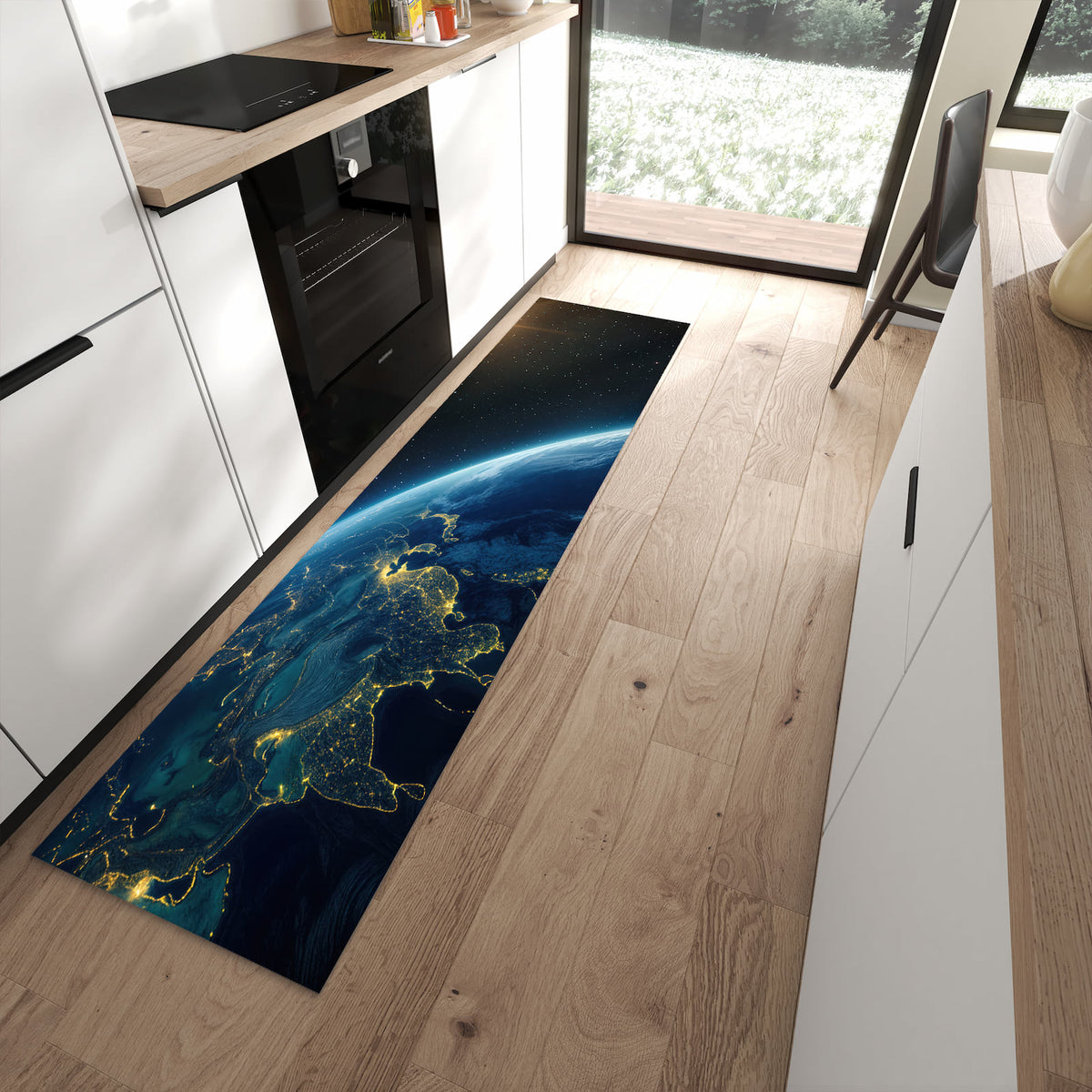 Wasserabweisender Küchenteppich mit Motiv Erde bei Nacht in moderner Küche
