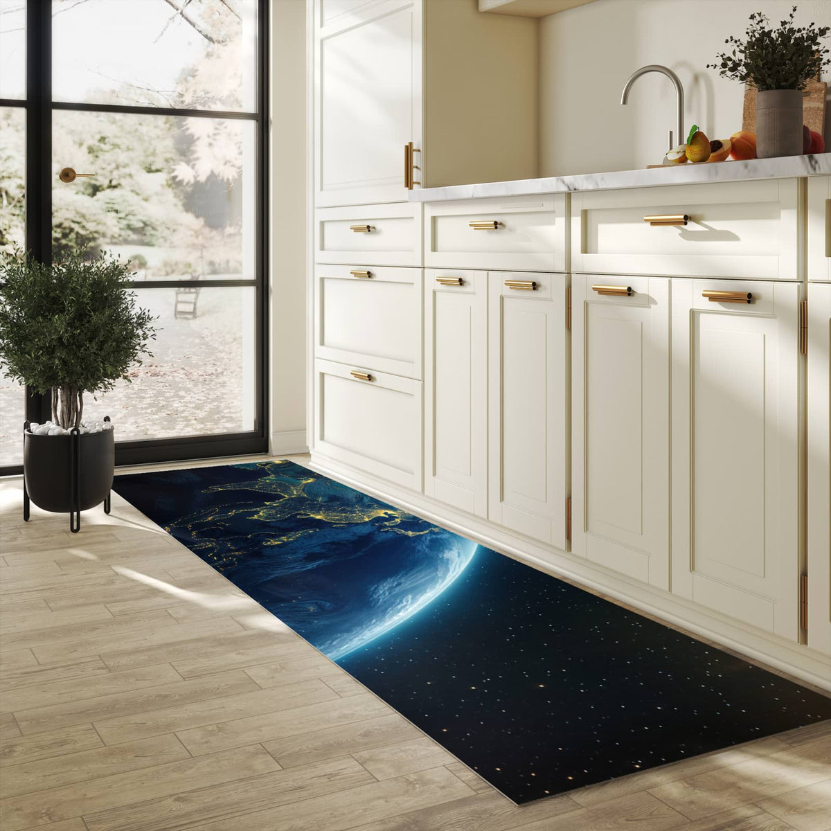 Wasserabweisender Küchenläufer mit Motiv Erde bei Nacht in heller Küche