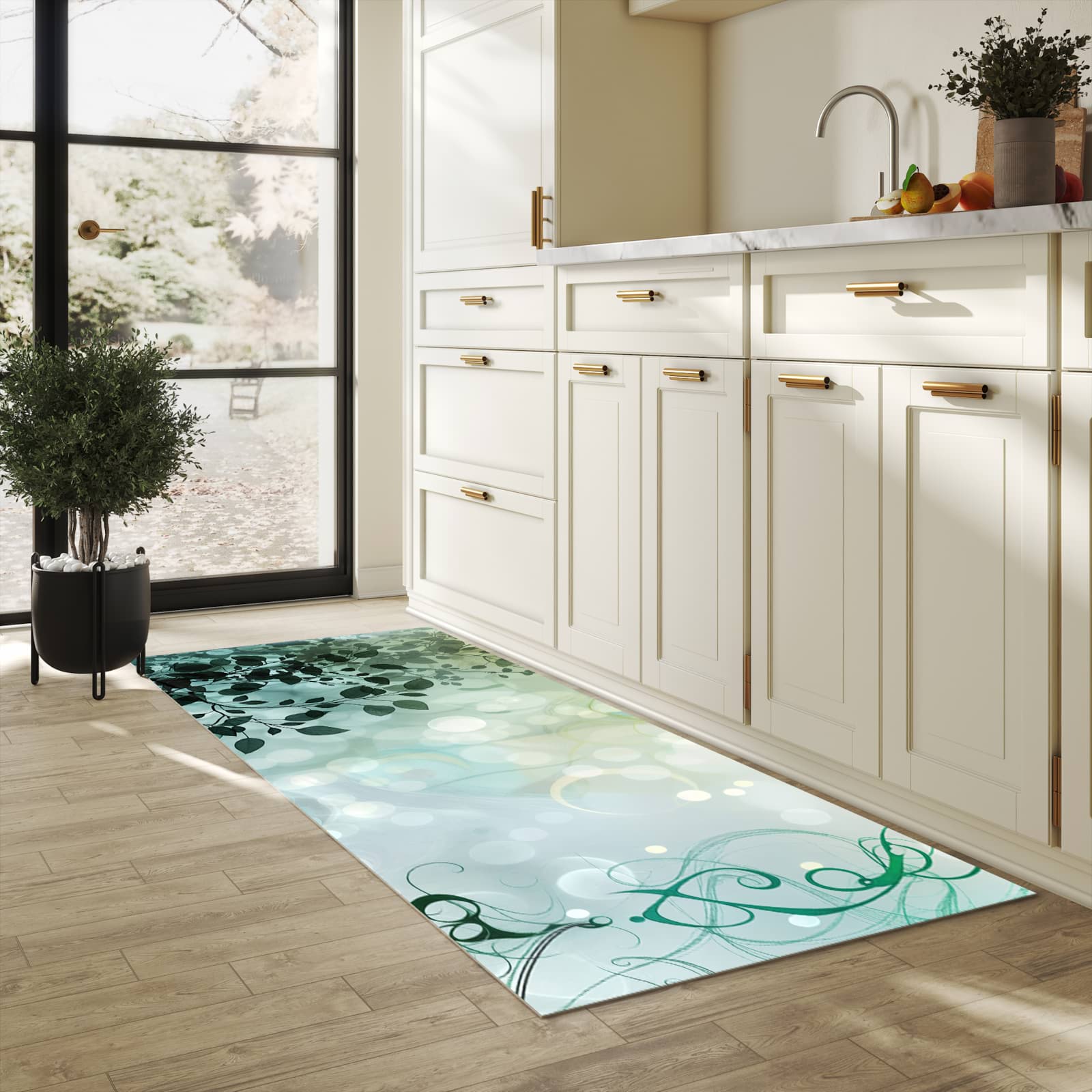 Bodenschonender Küchenteppich mit Motiv Blättertraum in heller Küche
