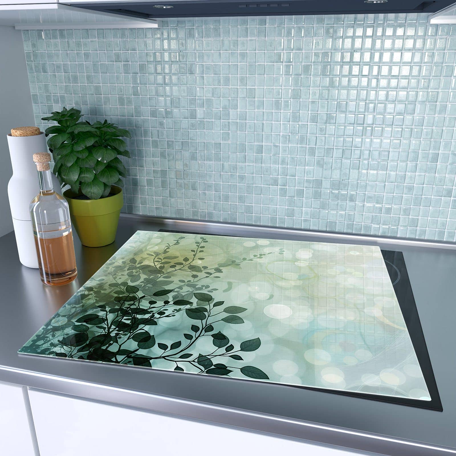 1-teilige Deckplatte aus Glas mit Blättertraum-Motiv auf dem Ceranfeld