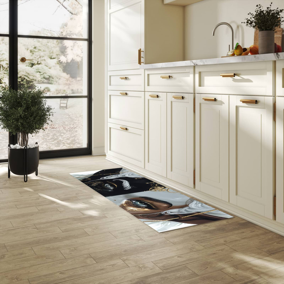 Küchenteppich mit Motiv Dualer Elf in heller Küche für sicheres Aufbewahren