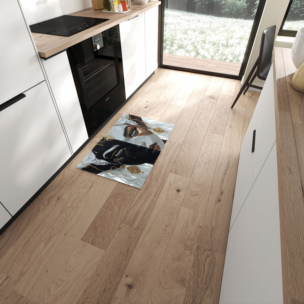 Flacher Küchenteppich mit Motiv Dualer Elf in moderner Küche - waschbar