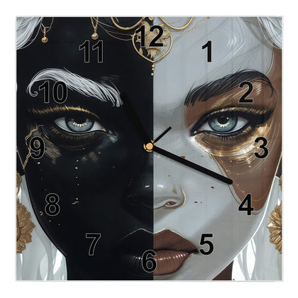 Wanduhr Quadratisch mit dem Motiv Zweigeteiltes Gesicht