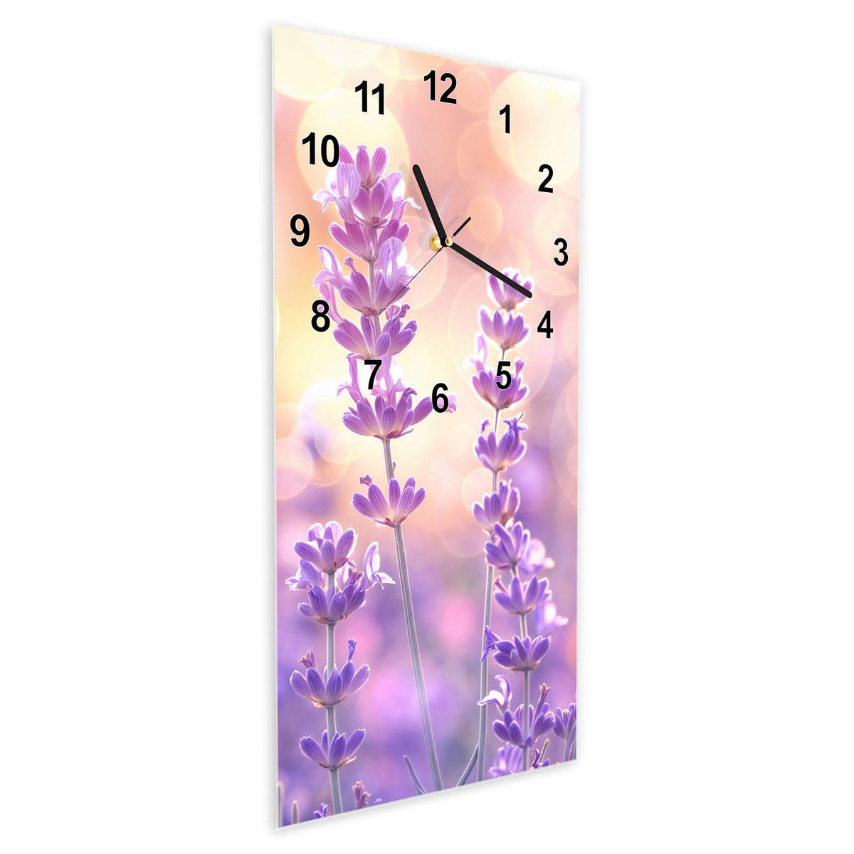 Wanduhr aus Glas im Hochformat Lavendel im Gegenlicht schräg von der Seite, 4 mm starkes Glas