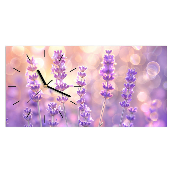 Wanduhr Lavendelblütenfeld aus Glas – Querformat 60 × 30 cm mit Ziffernblatt Linie