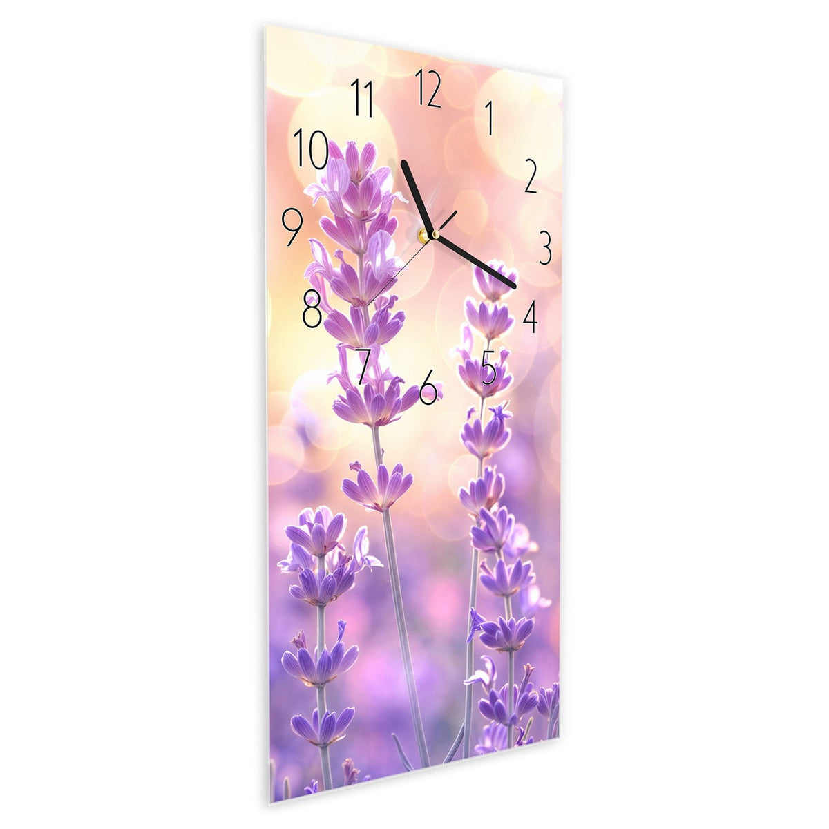 Wanduhr aus Glas im Hochformat Lavendel im Gegenlicht schräg von der Seite, 4 mm starkes Glas