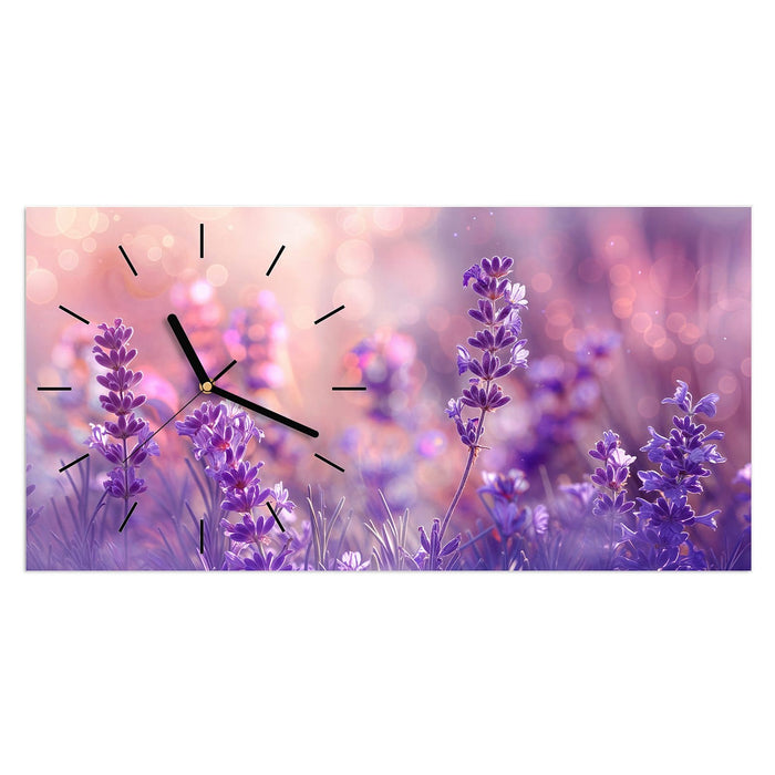 Wanduhr Lavendeltraum aus Glas – Querformat 60 × 30 cm mit Ziffernblatt Linie