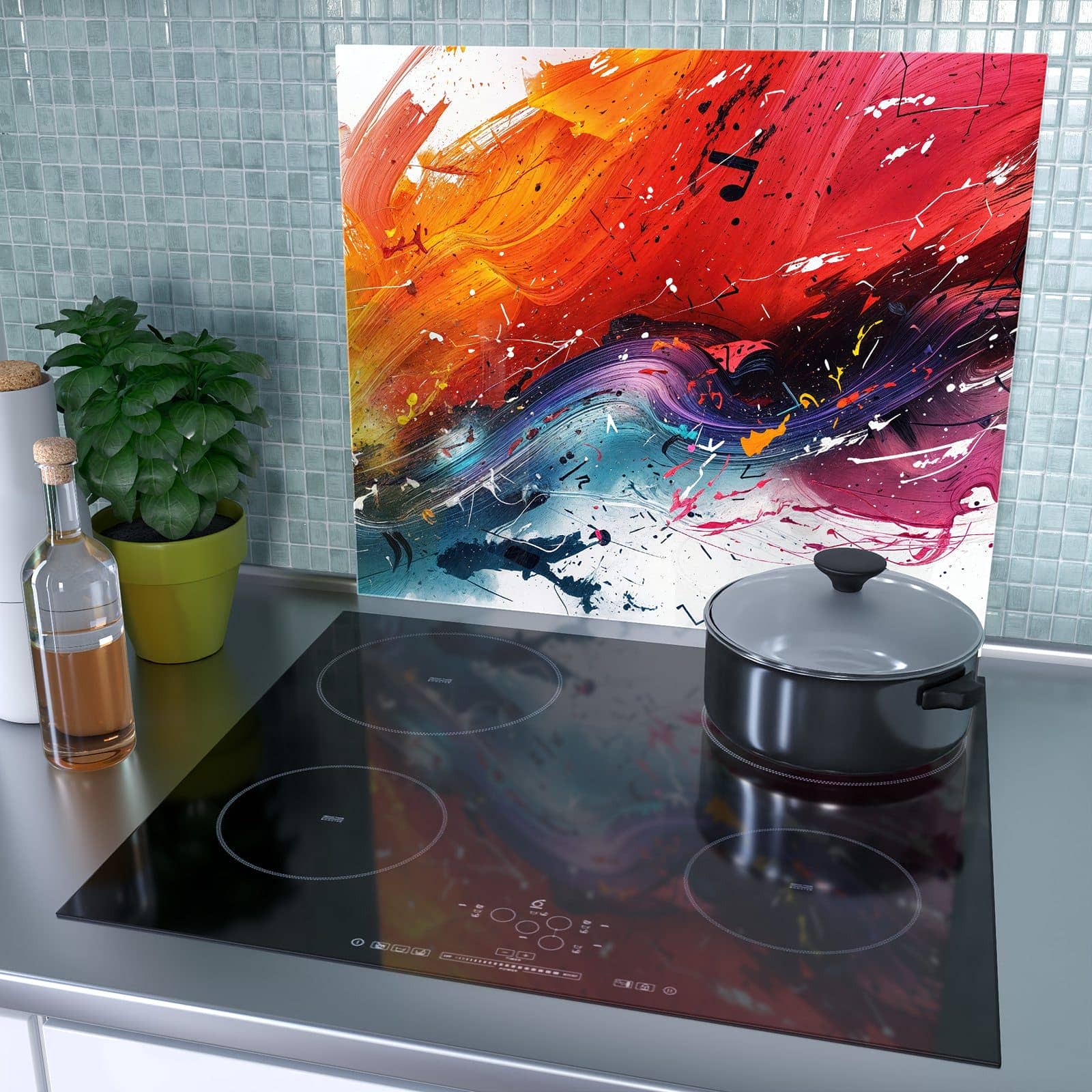 1-teilige Herdabdeckplatten mit Farbenexplosion-Motiv als Spritzschutz hinter dem Kochfeld