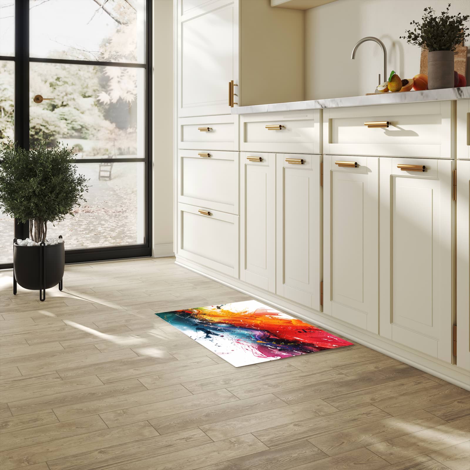 Pflegeleichter Küchenläufer mit Motiv Farbenexplosion in heller Küche