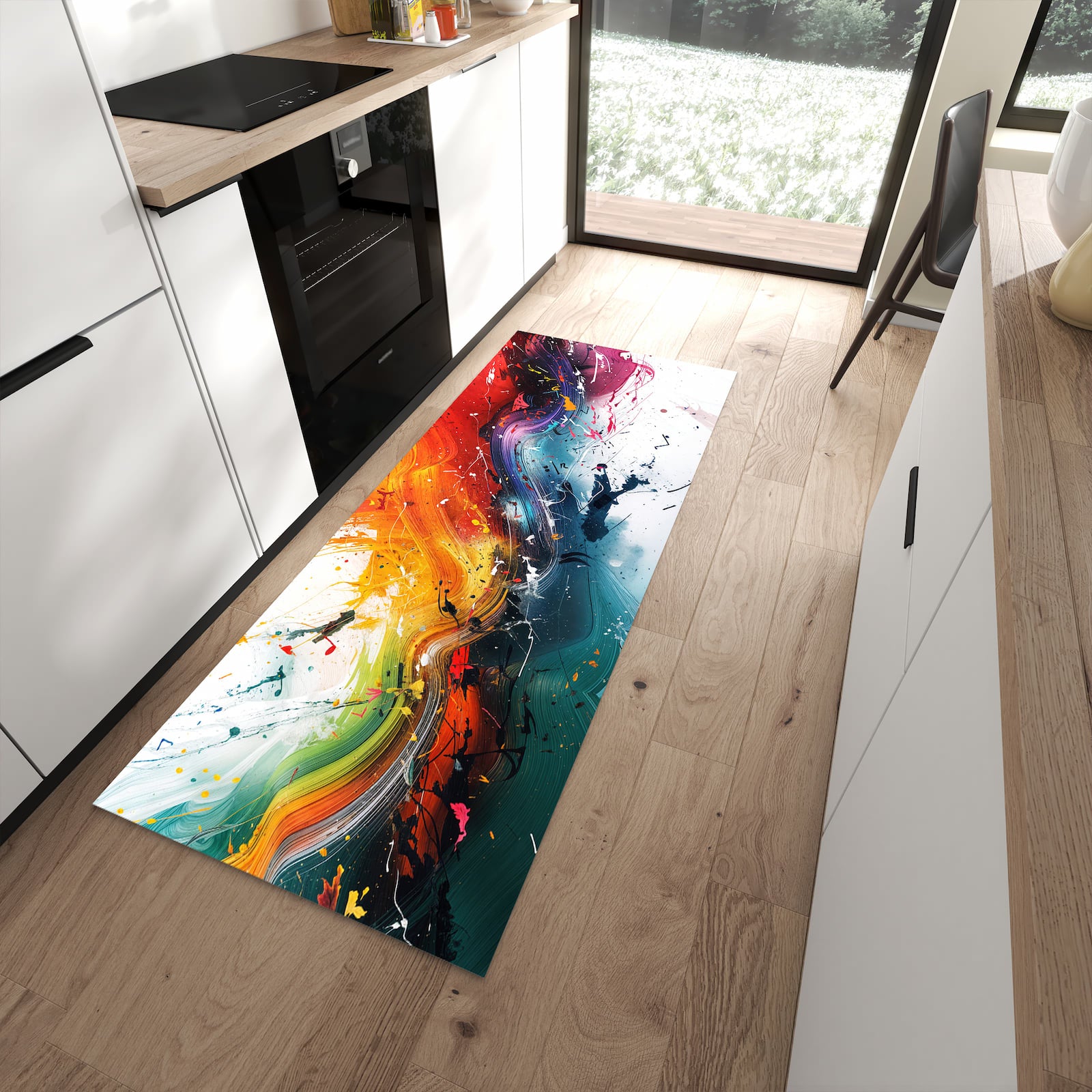 Zeitsparender rutschfester Küchenläufer mit Motiv Farbenexplosion in moderner Küche