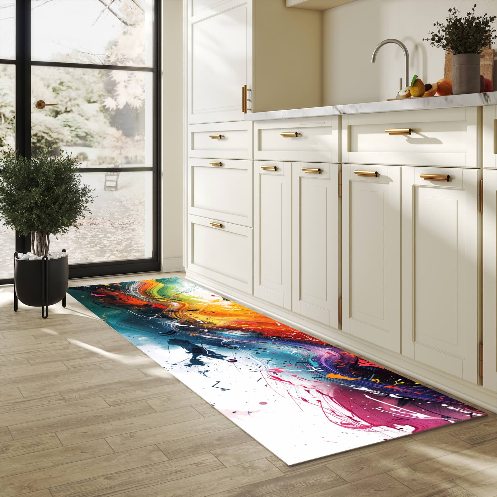 Pflegeleichter Küchenteppich mit Motiv Farbenexplosion in heller Küche