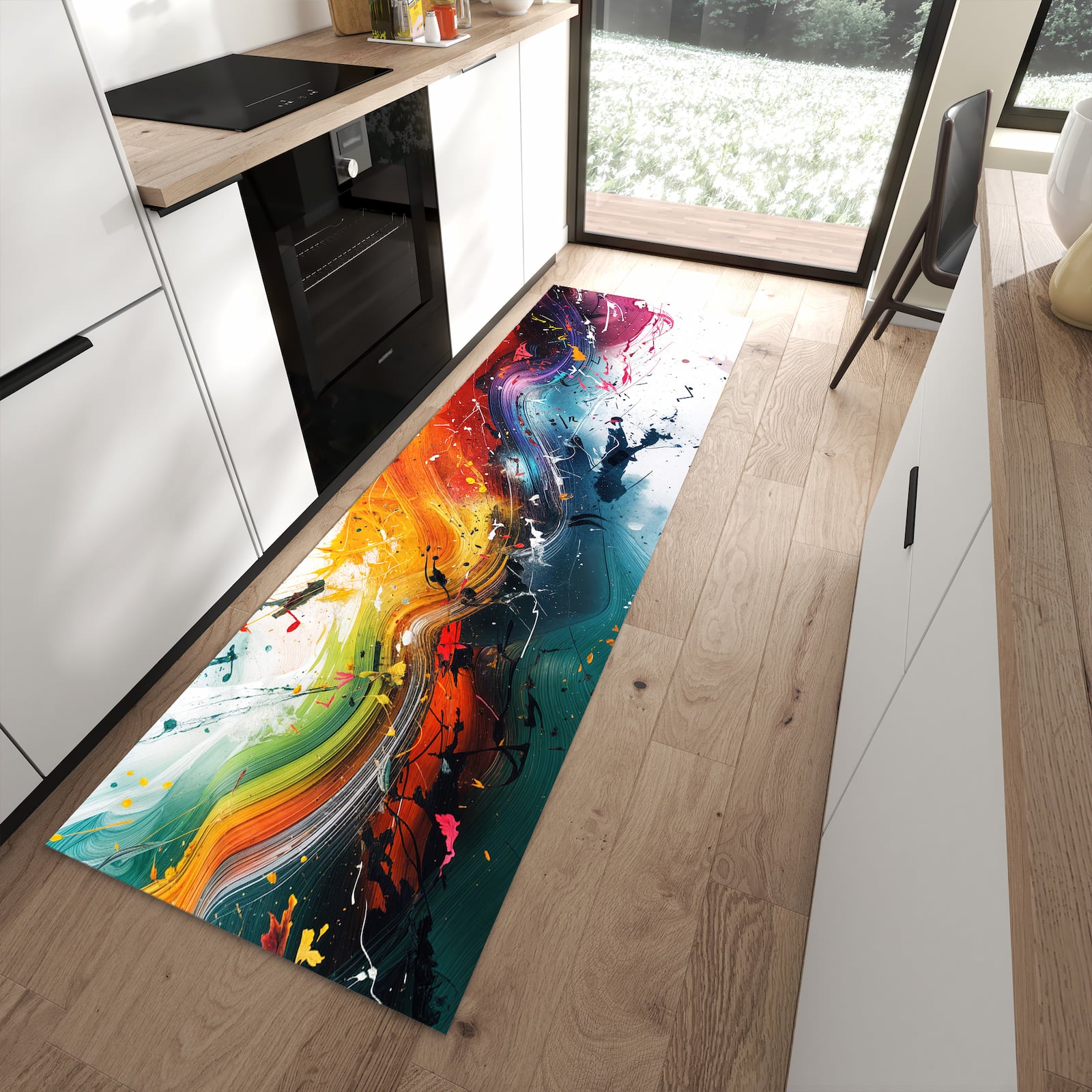 Geräuschdämpfender Küchenläufer mit Motiv Farbenexplosion in moderner Küche