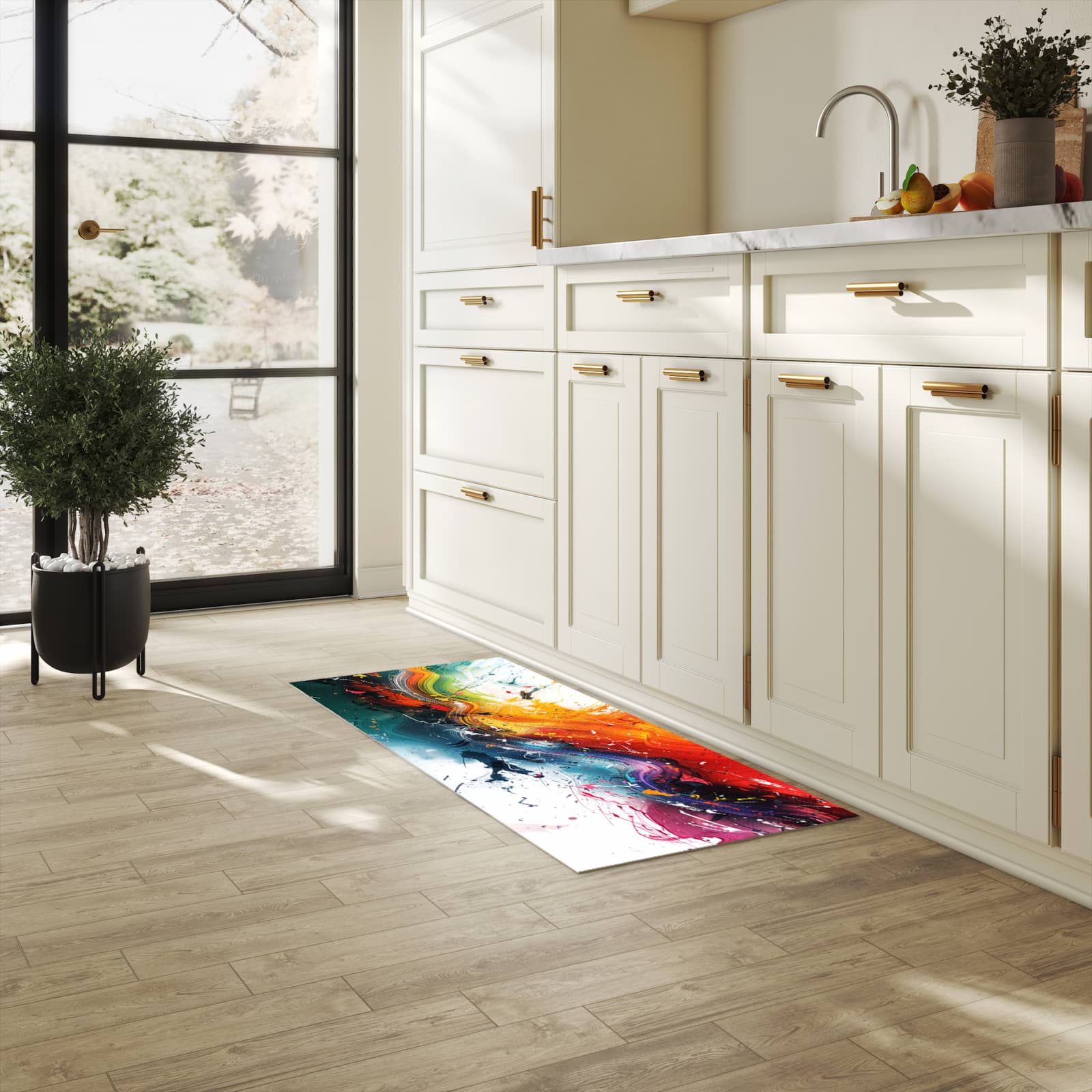Fleckenresistenter rutschfester Küchenläufer mit Motiv Farbenexplosion in heller Küche