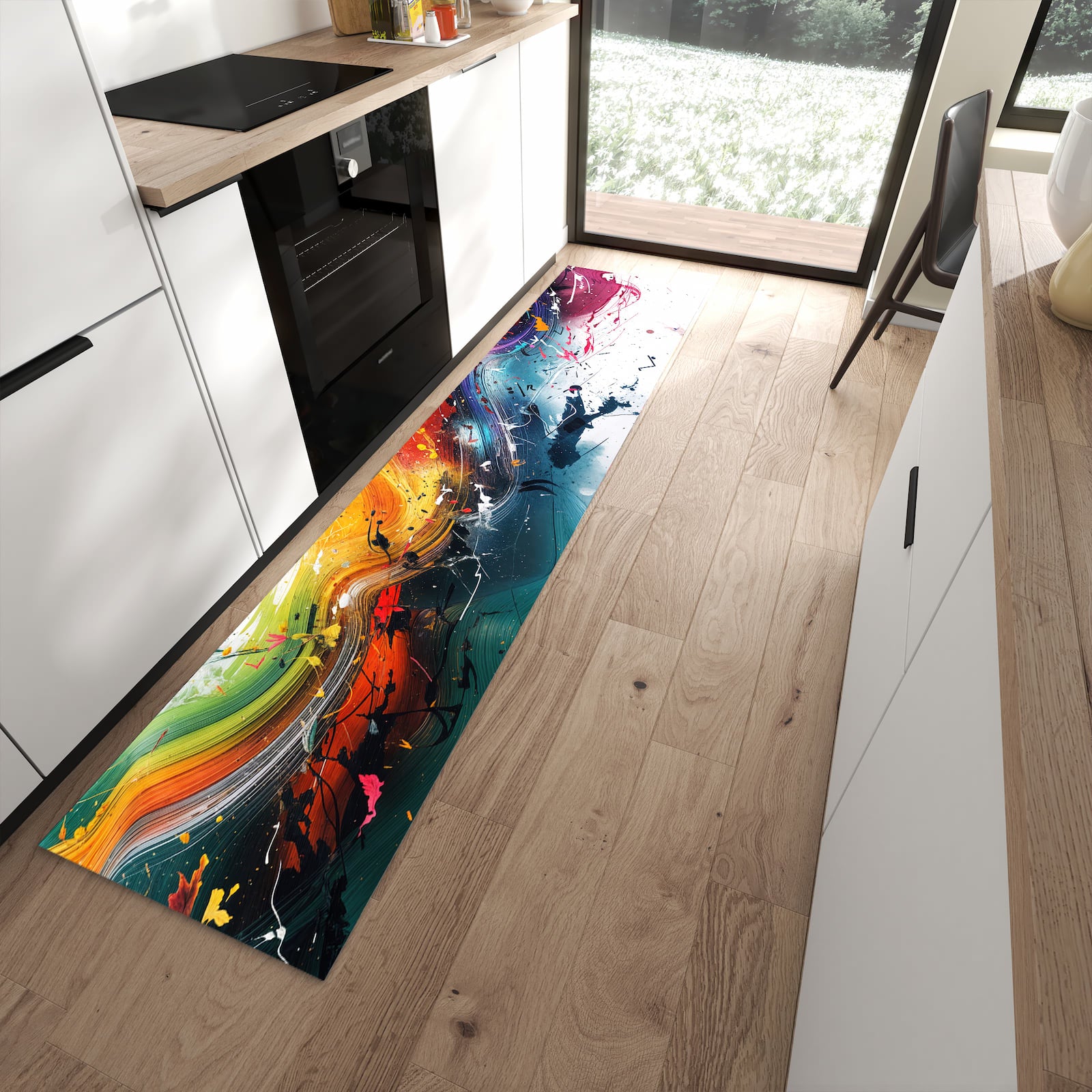 Farbbeständiger rutschfester Küchenläufer mit Motiv Farbenexplosion in moderner Küche