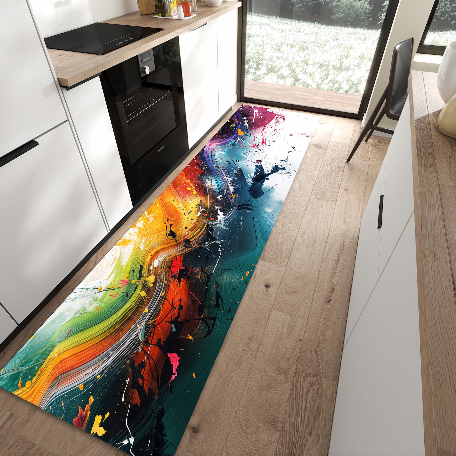 UV-beständiger Küchenläufer mit Motiv Farbenexplosion in moderner Küche - waschbar