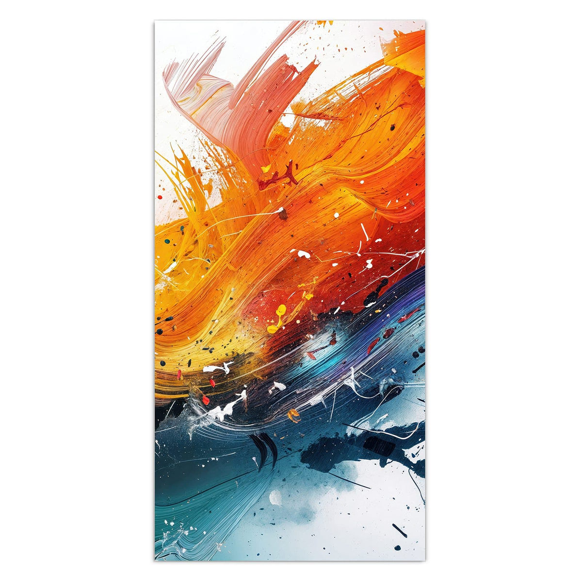 Wandbild aus Glas mit Motiv Farbenexplosion: Wild geschleuderte Farbschlieren in Rot, Orange und Blau mit Spritzern auf Weiß #grösse_30 x 60 cm #grösse_40 x 80 cm #grösse_50 x 100 cm #grösse_55 x 110 cm #grösse_60 x 120 cm