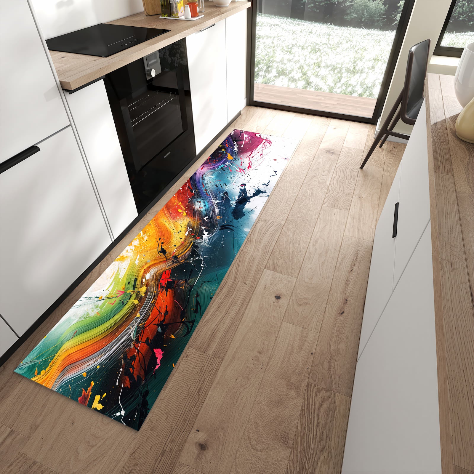 Bodenschonender Küchenläufer mit Motiv Farbenexplosion in moderner Küche