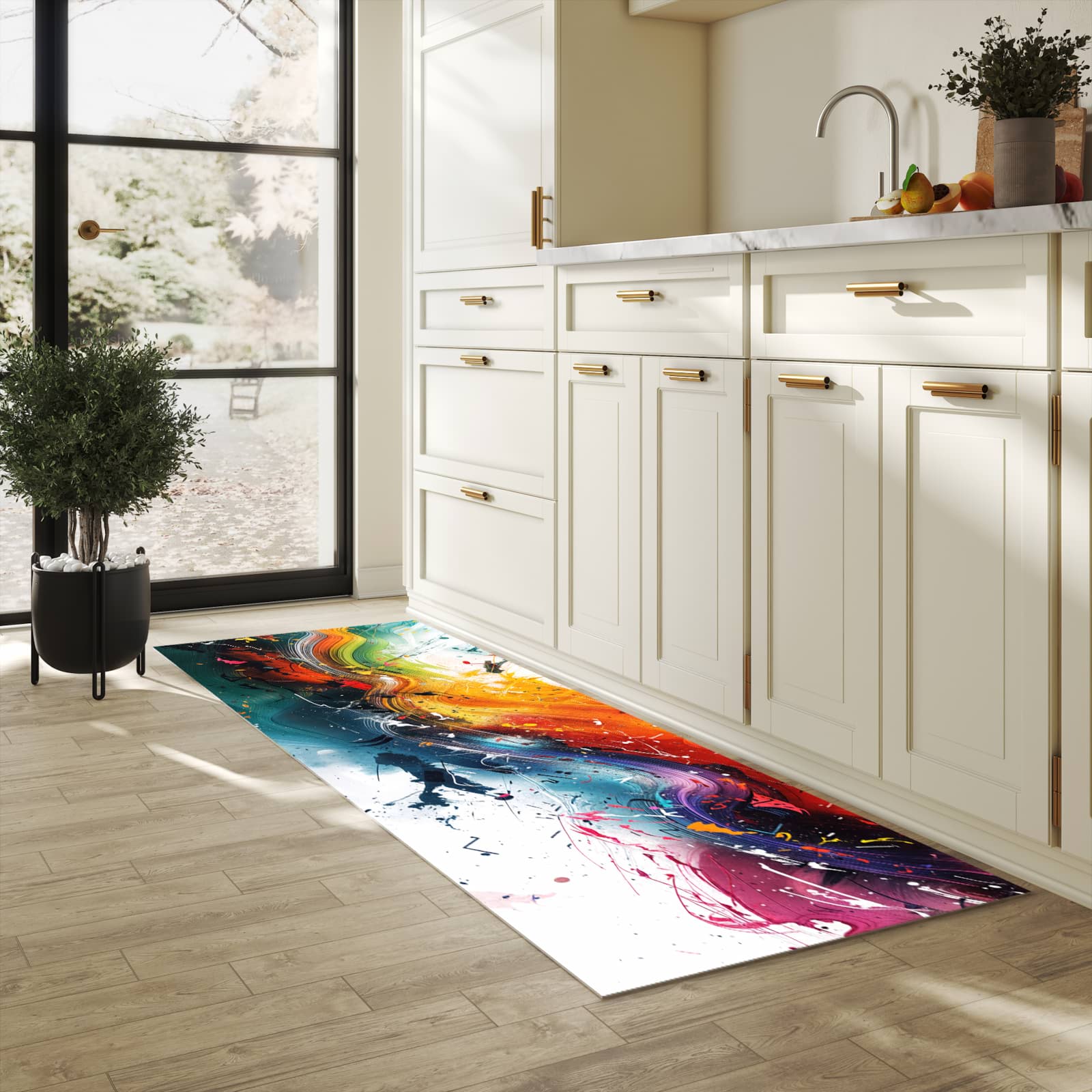 Rutschfester Küchenläufer mit Motiv Farbenexplosion in heller Küche