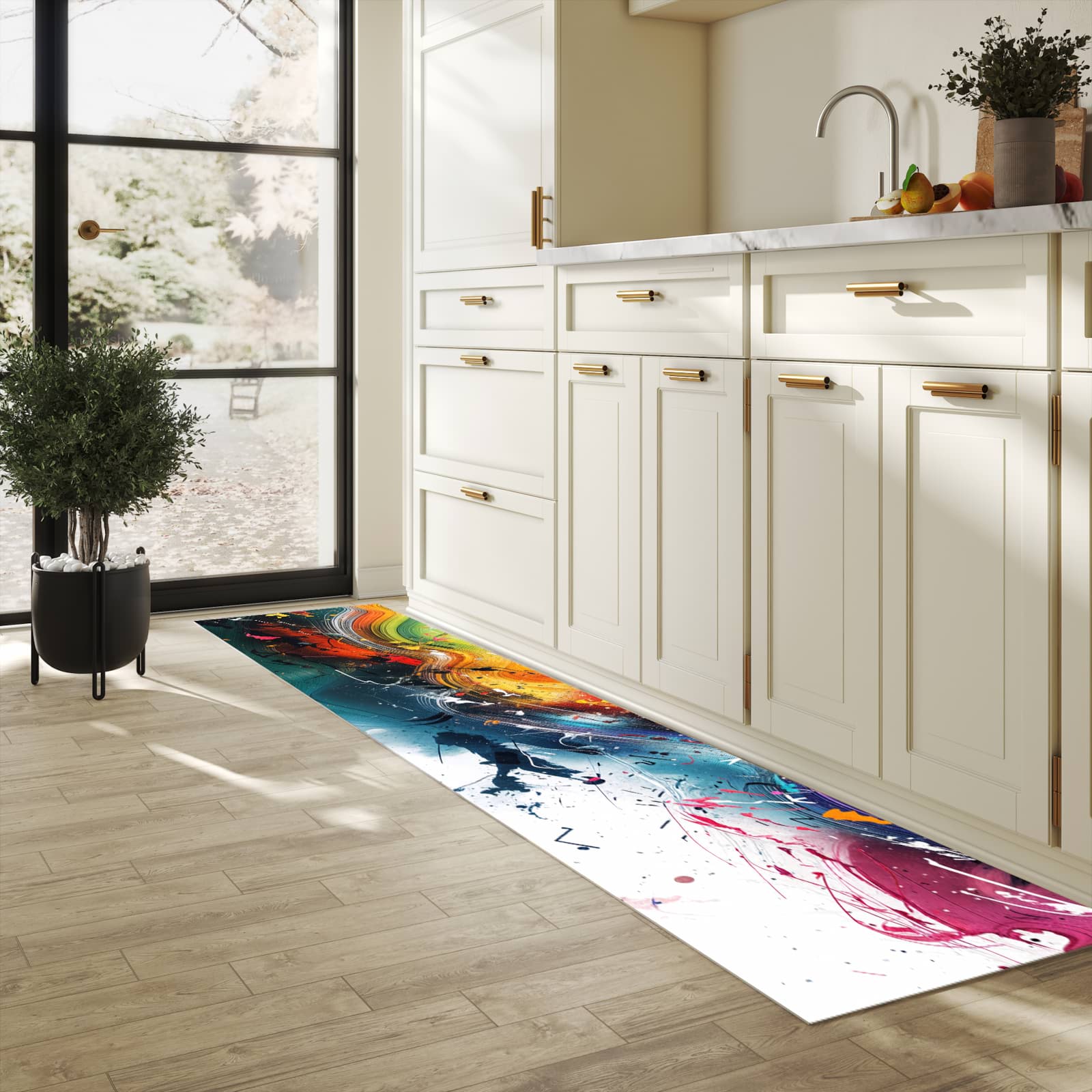 Flacher moderner Küchenläufer mit Motiv Farbenexplosion in heller Küche