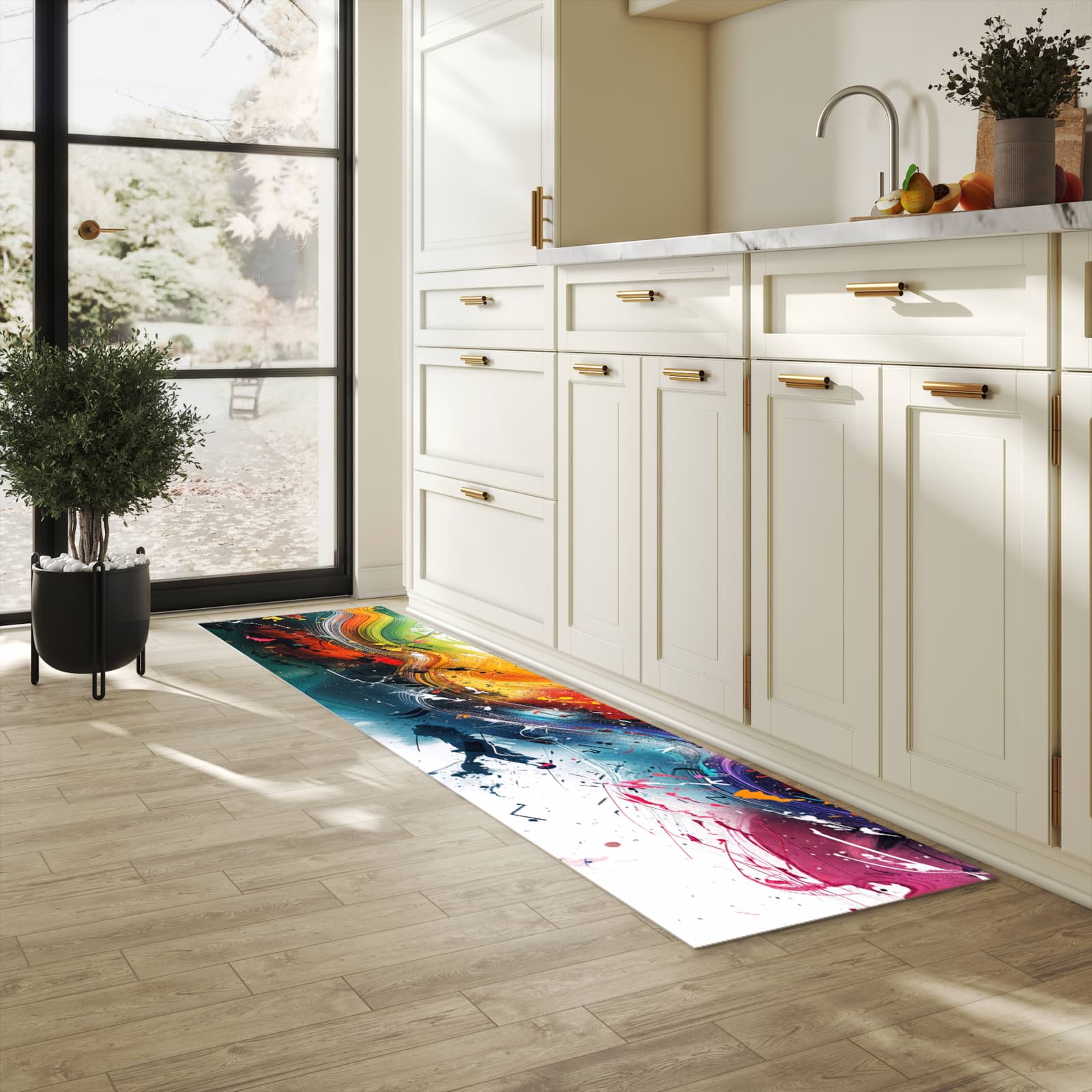 Langlebiger, waschbarer Küchenläufer mit Motiv Farbenexplosion in heller Küche