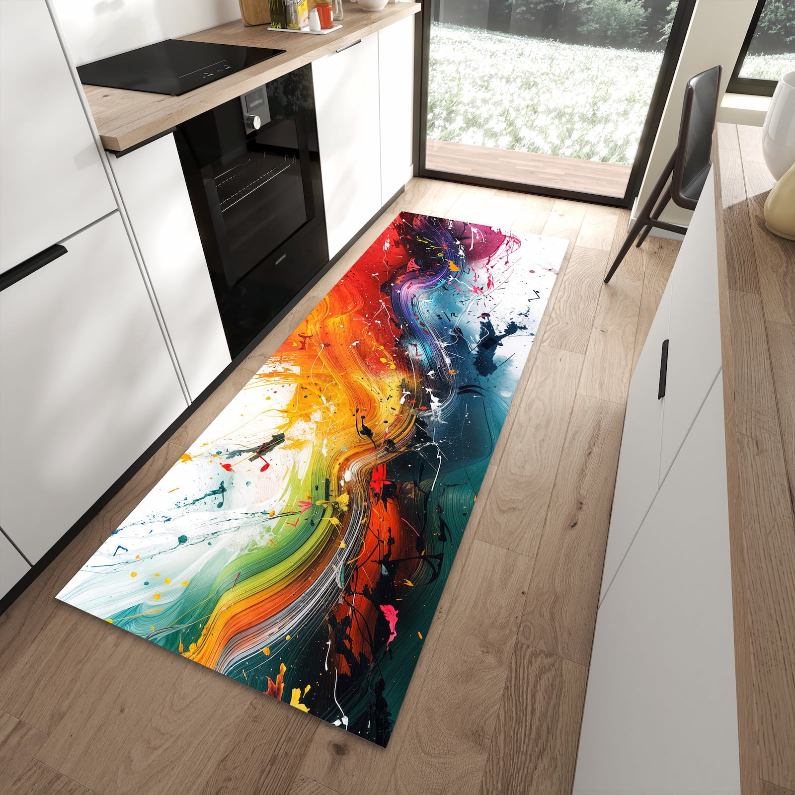 Wasserabweisender Küchenläufer mit Motiv Farbenexplosion in moderner Küche
