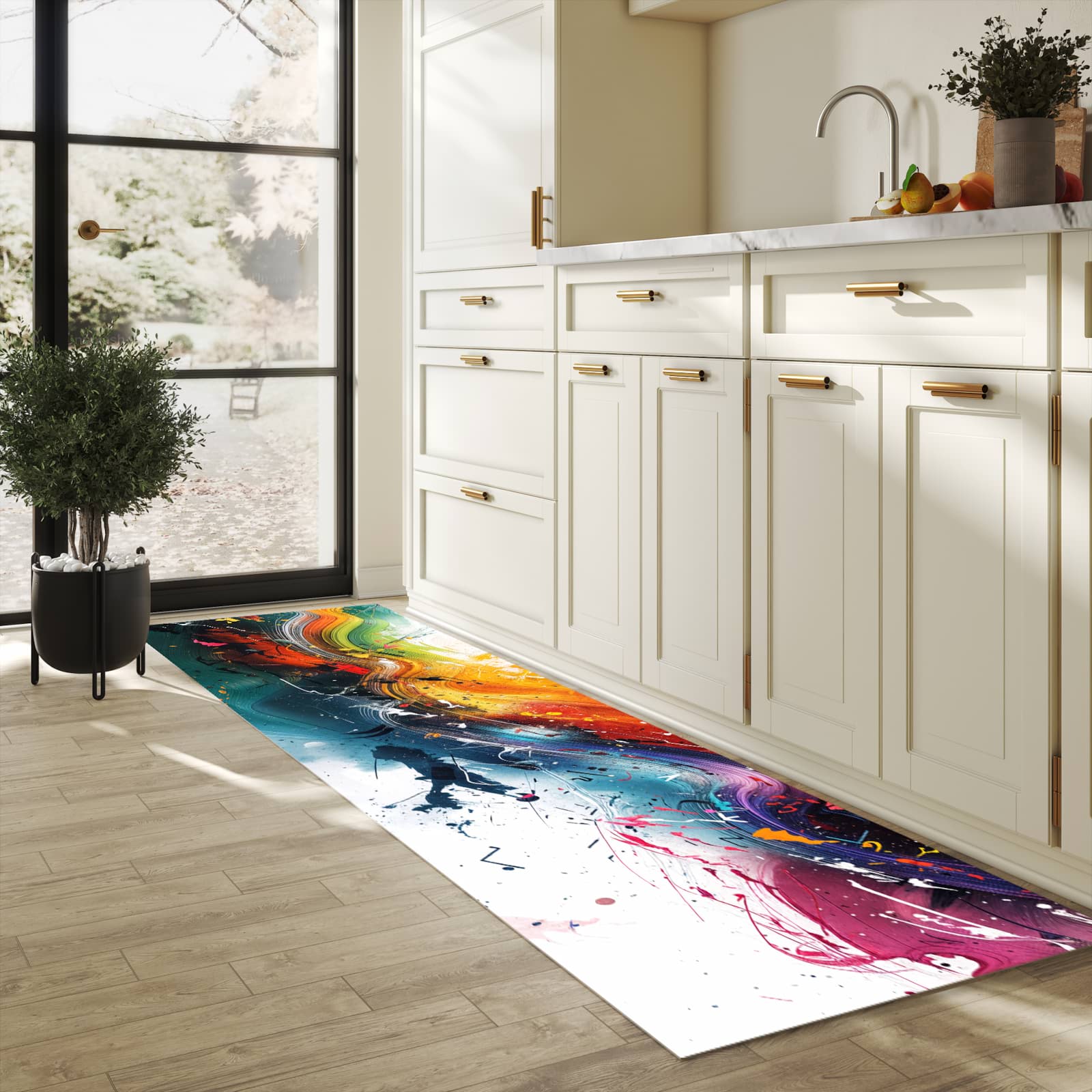 Küchenteppich mit Motiv Farbenexplosion für angenehme Haptik in heller Küche