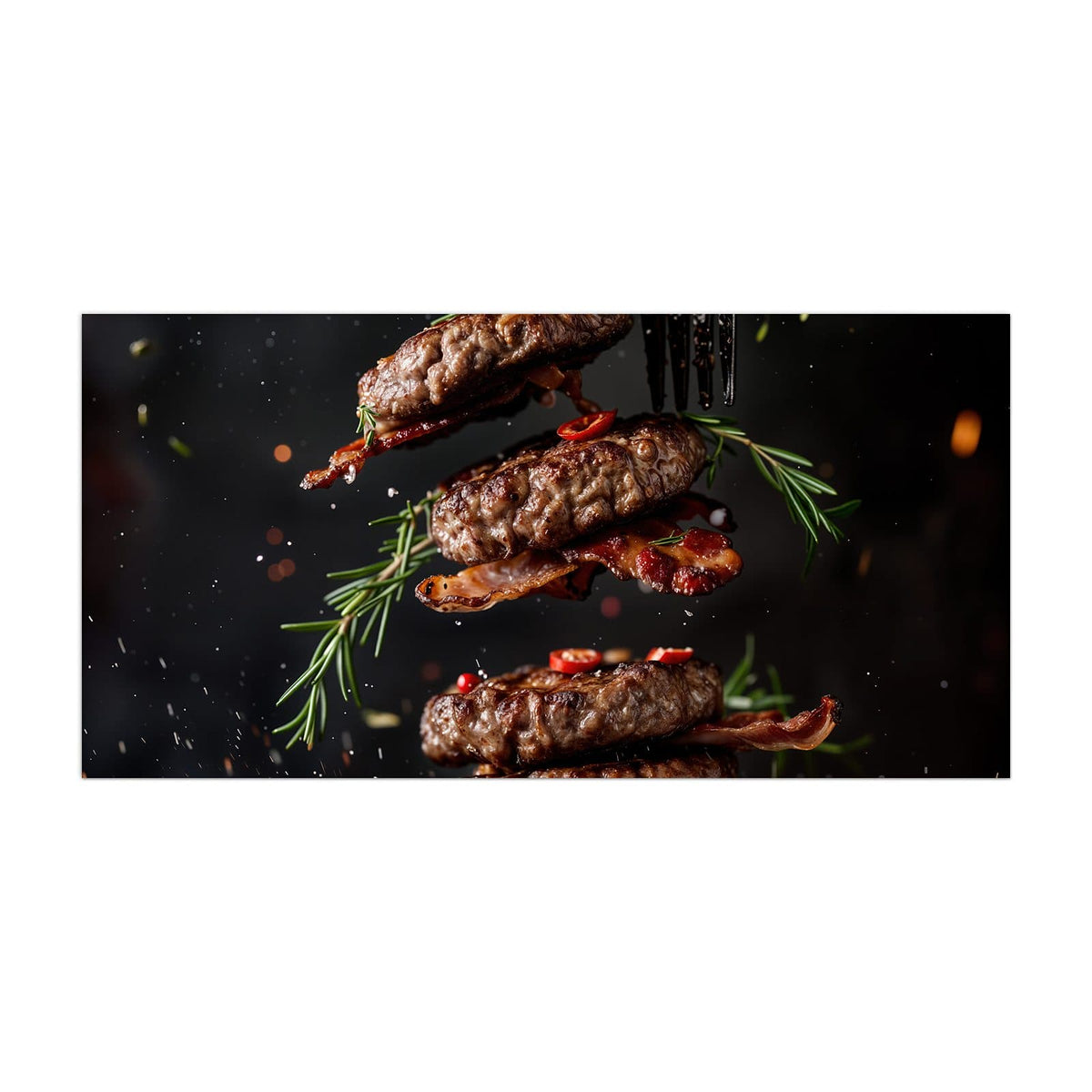 Küchenrückwand aus Glas Burger Patties im Hochformat, Motiv bildfüllend von vorn