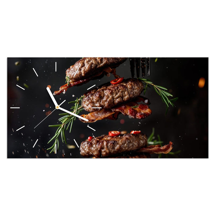 Wanduhr Burger mit Bacon aus Glas – Querformat 60 × 30 cm mit Ziffernblatt Linie