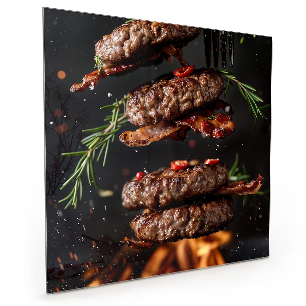 Küchenrückwand aus Glas im quadratischen Format mit Motiv Burger Patties: Vier schwebende Fleisch-Patties mit Speckstreifen #grösse_40 x 40 cm #grösse_50 x 50 cm #grösse_60 x 60 cm