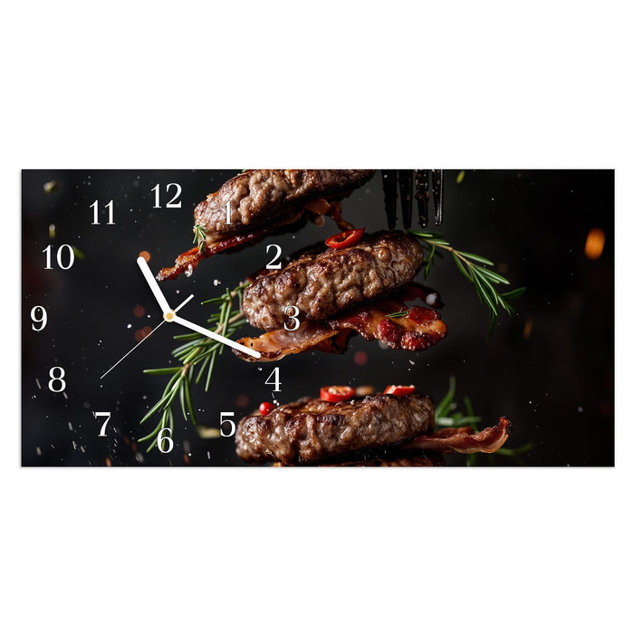 Wanduhr Burger mit Bacon aus Glas – Querformat 60 × 30 cm mit Ziffernblatt Klassisch
