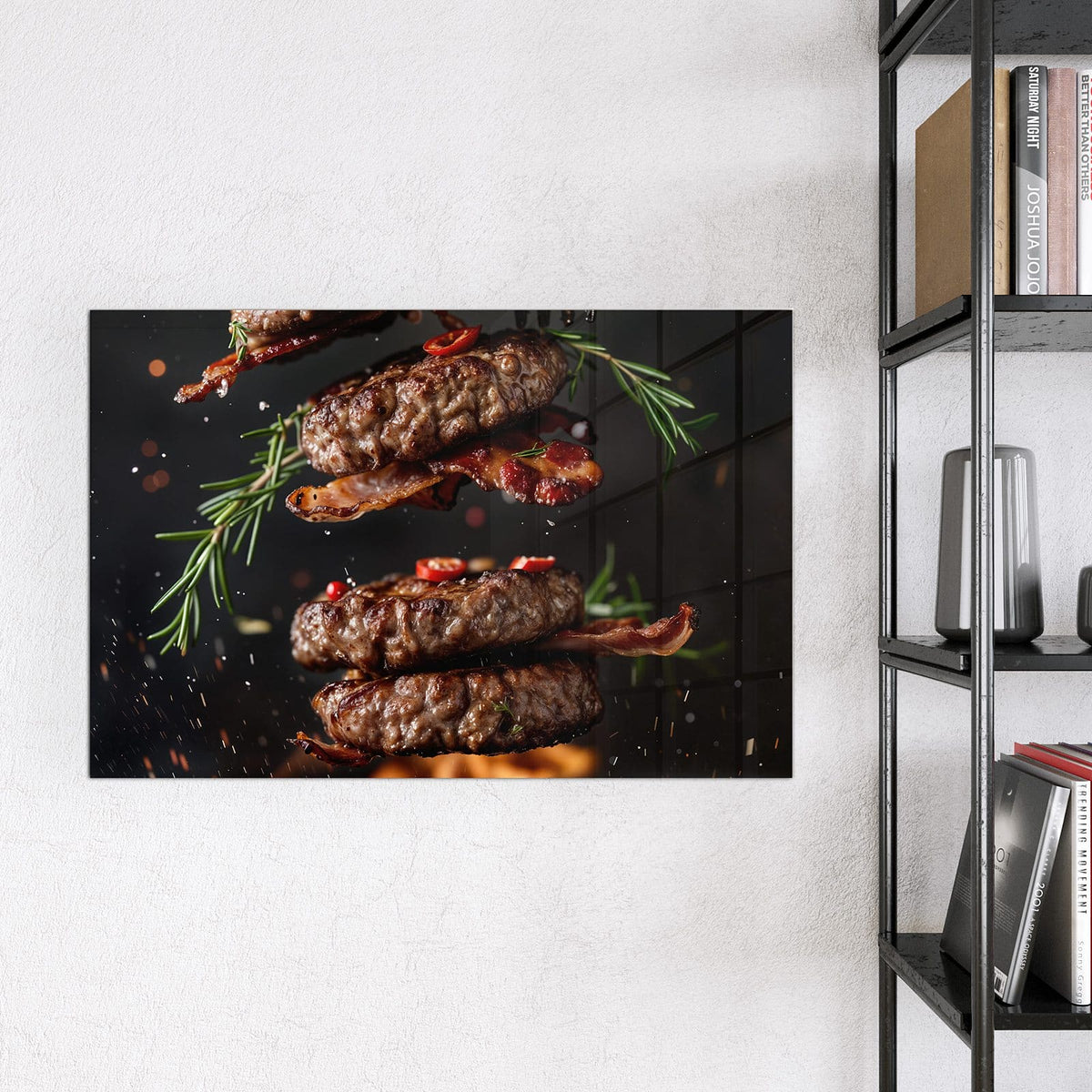 Magnettafel - Burger Patties – Schwebende Patties mit knusprigem Speck