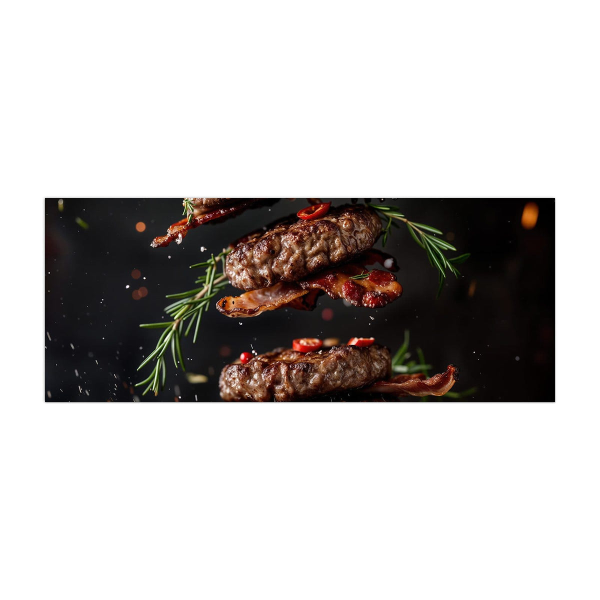 Küchenrückwand aus Glas Burger Patties im Hochformat, Motiv bildfüllend von vorn
