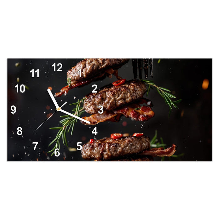 Wanduhr Burger mit Bacon aus Glas – Querformat 60 × 30 cm mit Ziffernblatt Modern