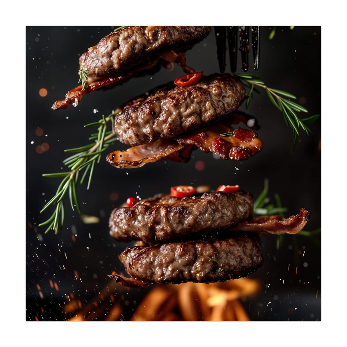 Küchenrückwand aus Glas Burger Patties im quadratischen Format, Motiv bildfüllend von vorn #grösse_40 x 40 cm #grösse_50 x 50 cm #grösse_60 x 60 cm